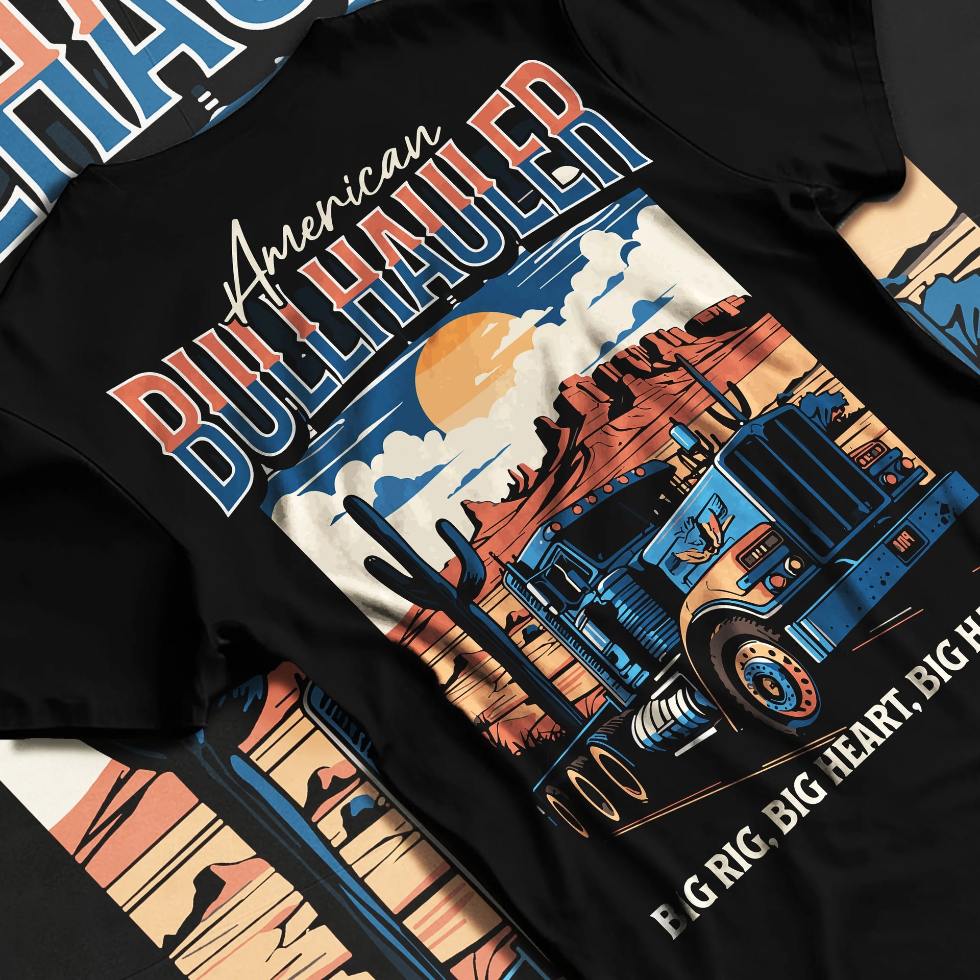 Black T-shirt laid flat with natural fabric folds, featuring american street classic racing performance motorsport graphic.