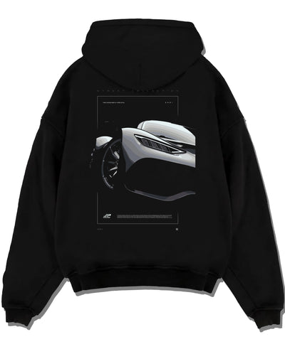 Black pullover hoodie laid flat on a white background, featuring Mercedes-Benz AMG rs racing motorsport street performance graphic.