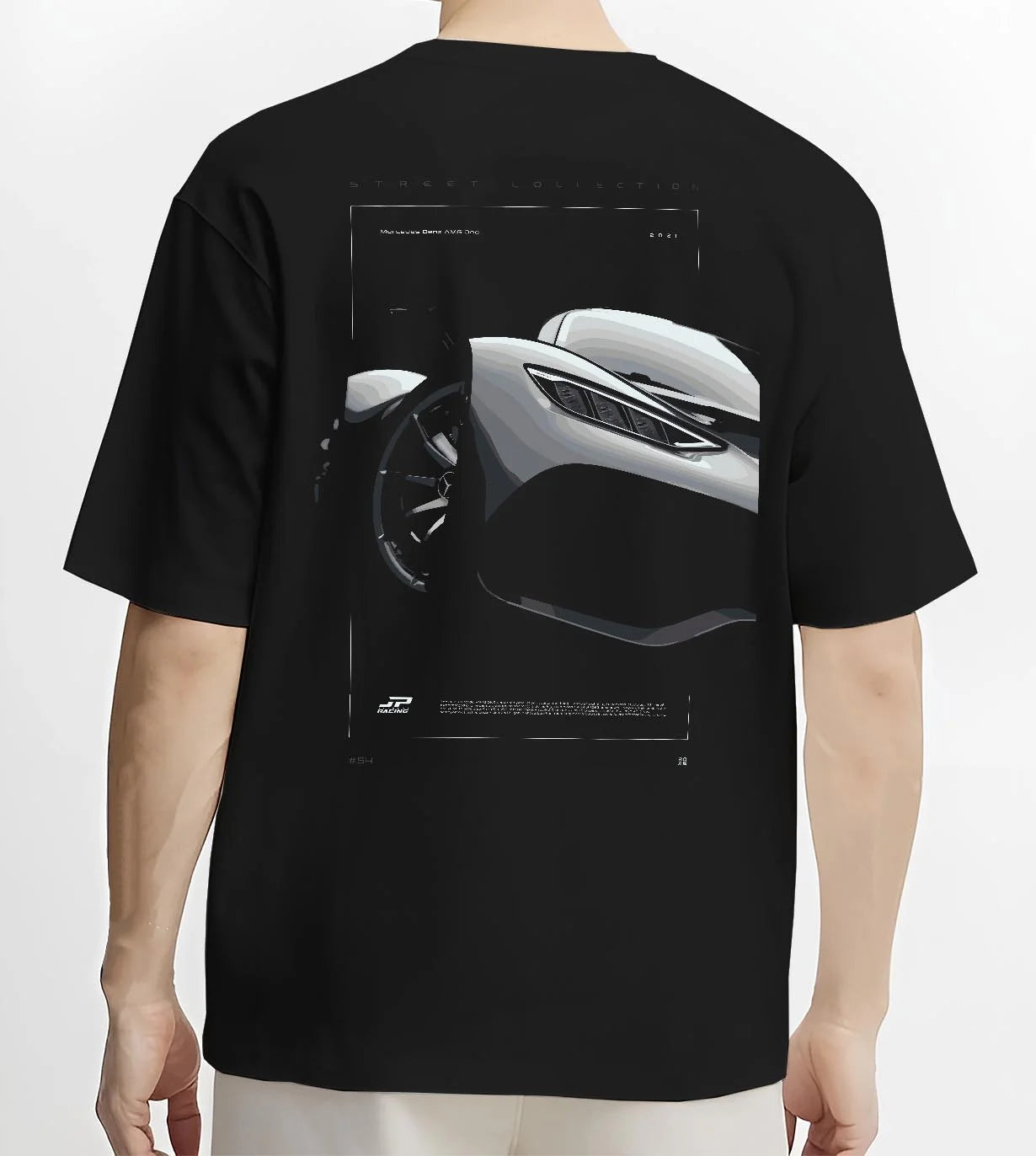 Black T-shirt worn by a male model, back view, featuring Mercedes-Benz AMG rs racing motorsport street performance graphic.