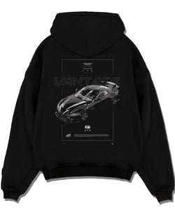 Black pullover hoodie laid flat on a white background, featuring Aston Martin Vantage gt3 rs racing motorsport street graphic.