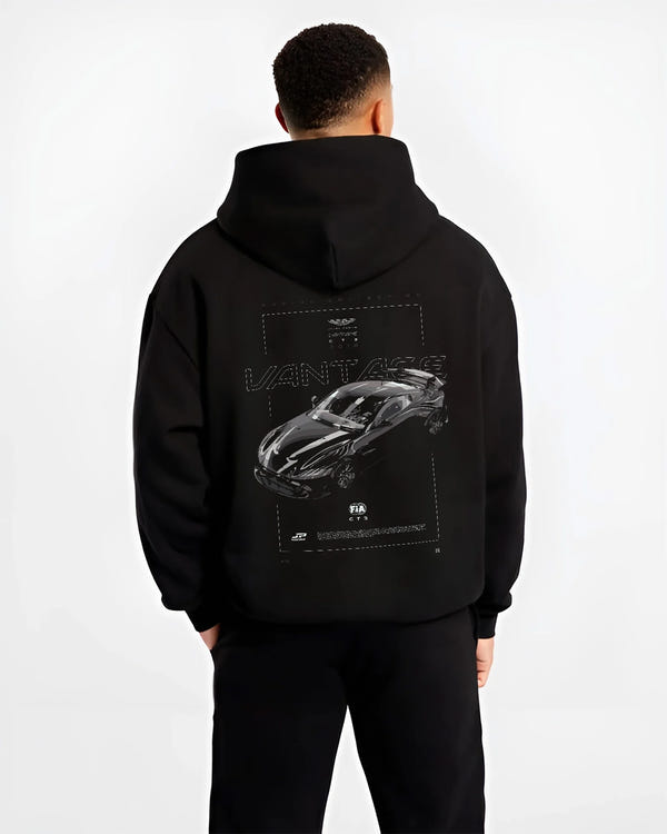 Black hoodie worn by a male model, back view, featuring Aston Martin Vantage gt3 rs racing motorsport street performance graphic.