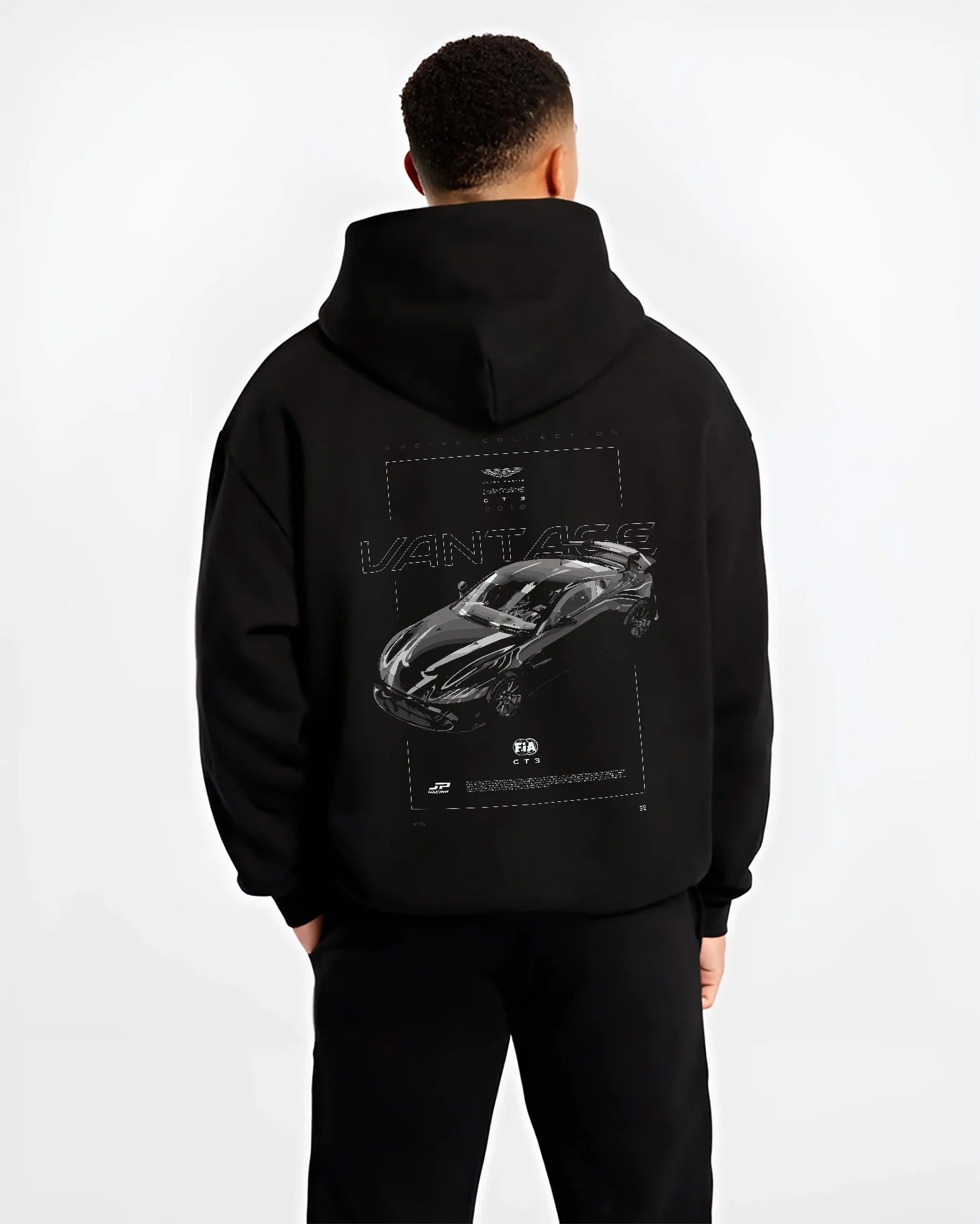 Black hoodie worn by a male model, back view, featuring Aston Martin Vantage gt3 rs racing motorsport street performance graphic.