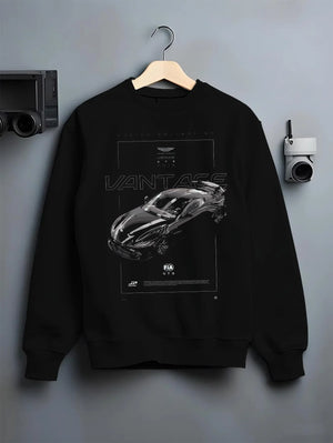Black crewneck sweatshirt on a hanger against a grey wall, featuring Aston Martin Vantage gt3 rs racing motorsport street graphic.