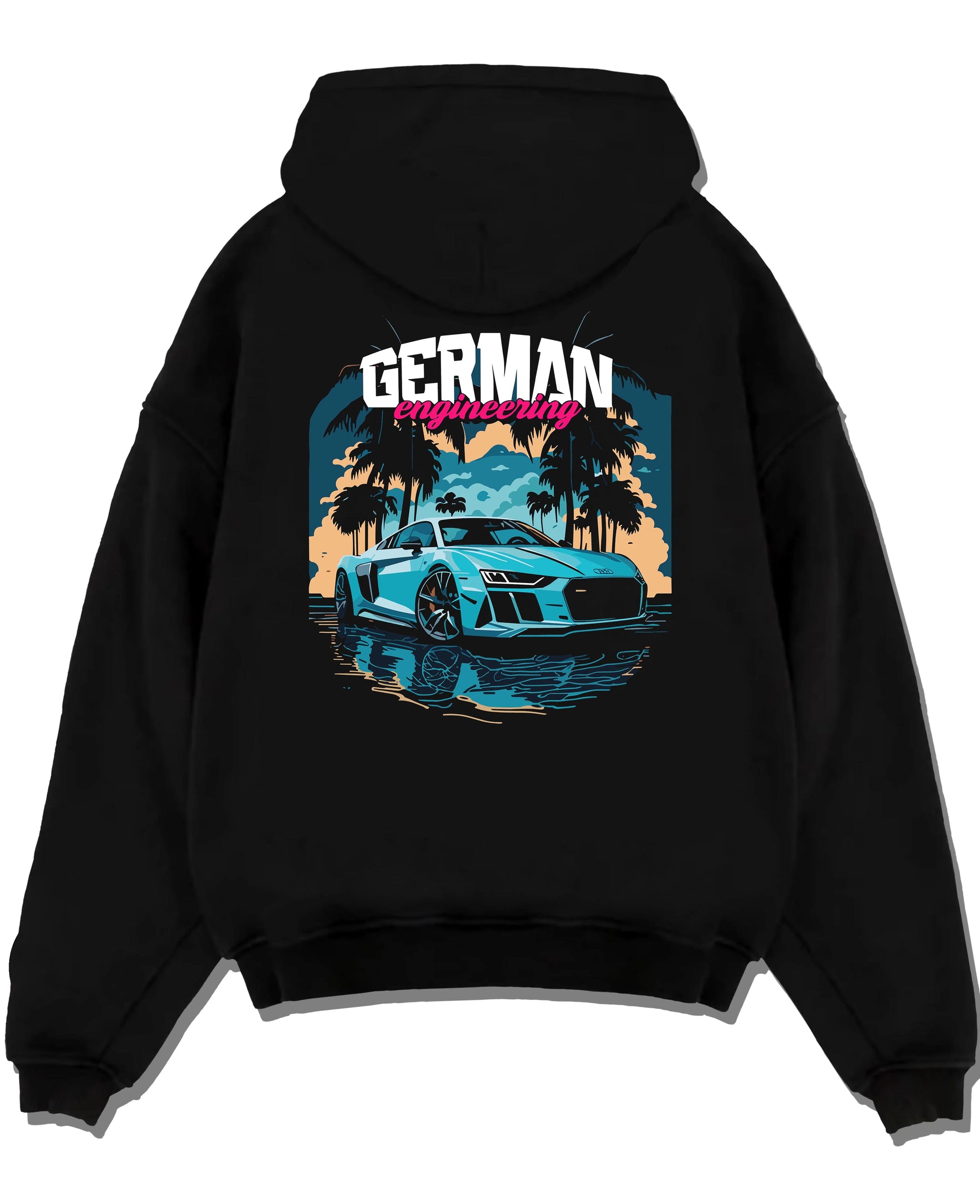 Black pullover hoodie laid flat on a white background, featuring Audi R8 german street racing performance motorsport graphic.