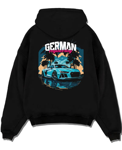 Black pullover hoodie laid flat on a white background, featuring Audi R8 german street racing performance motorsport graphic.