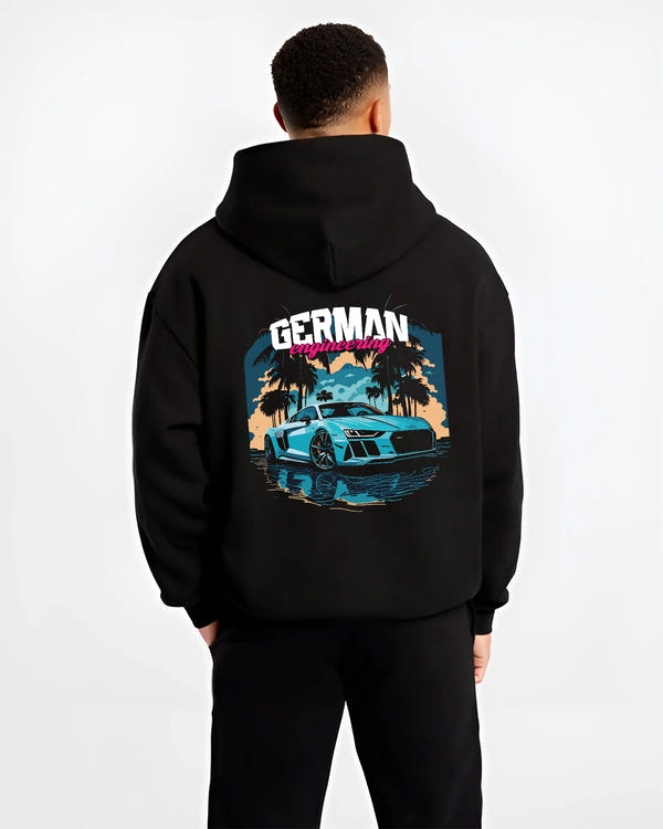 Black hoodie worn by a male model, back view, featuring Audi R8 german street racing performance motorsport automotive graphic.