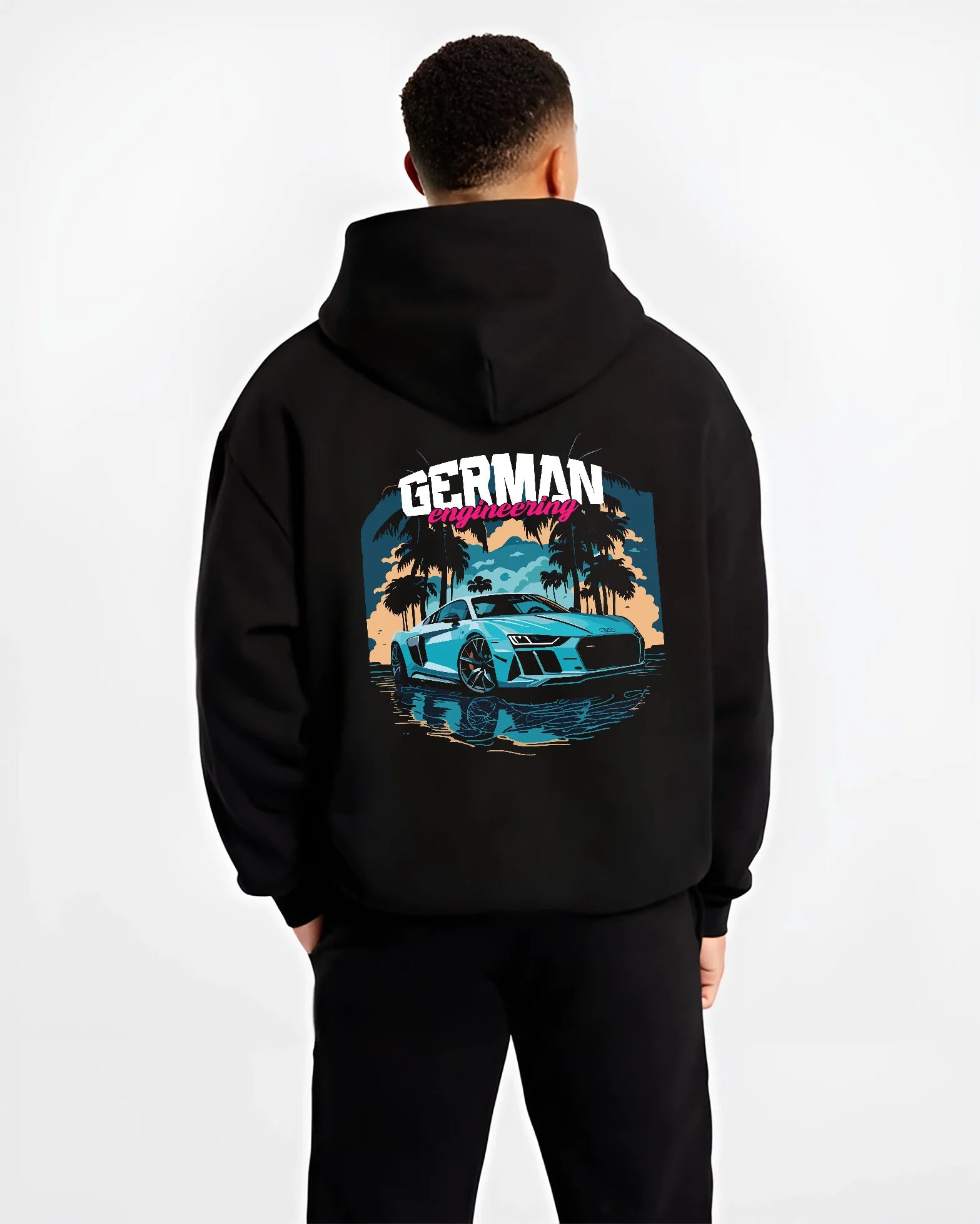Black hoodie worn by a male model, back view, featuring Audi R8 german street racing performance motorsport automotive graphic.