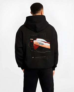 Black hoodie worn by a male model, back view, featuring Lamborghini Aventador racing street performance motorsport graphic.