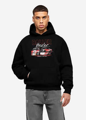 Black hoodie worn by a male model, front view, featuring racing drift japanese tuner street performance motorsport graphic.