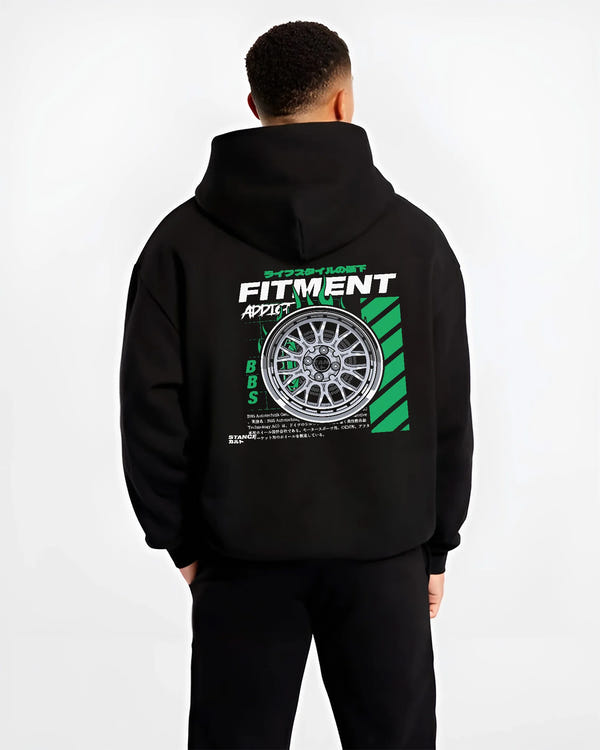 Black hoodie worn by a male model, back view, featuring racing jdm stance street performance motorsport automotive graphic.