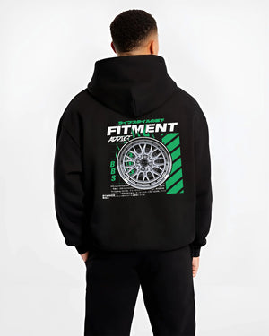 Black hoodie worn by a male model, back view, featuring racing jdm stance street performance motorsport automotive graphic.