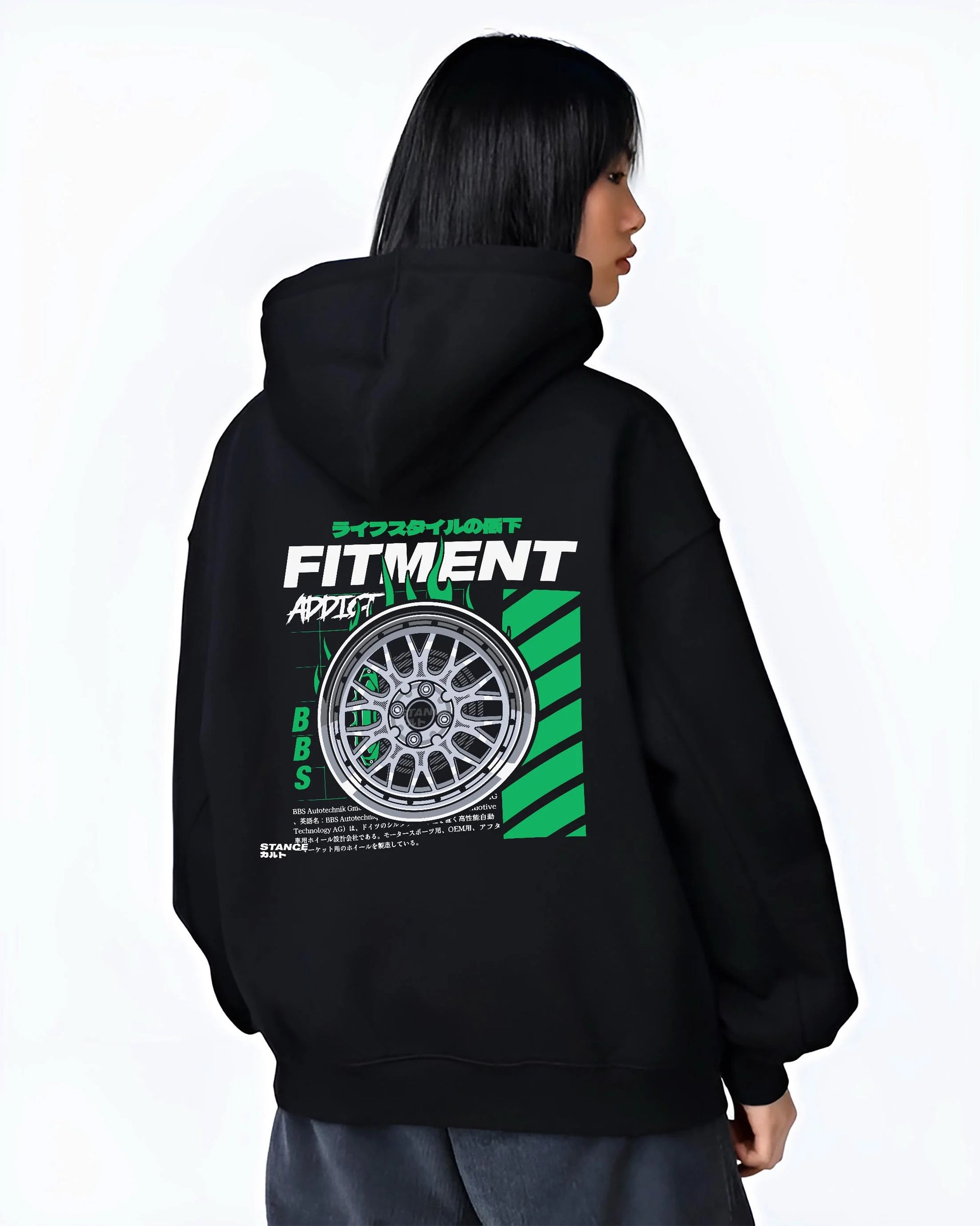 Black hoodie worn by a female model, back view, featuring racing jdm stance street performance motorsport automotive graphic.