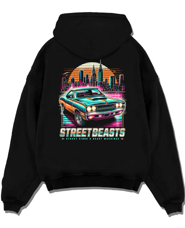 Black pullover hoodie laid flat on a white background, featuring racing drift muscle street retro beast performance graphic.