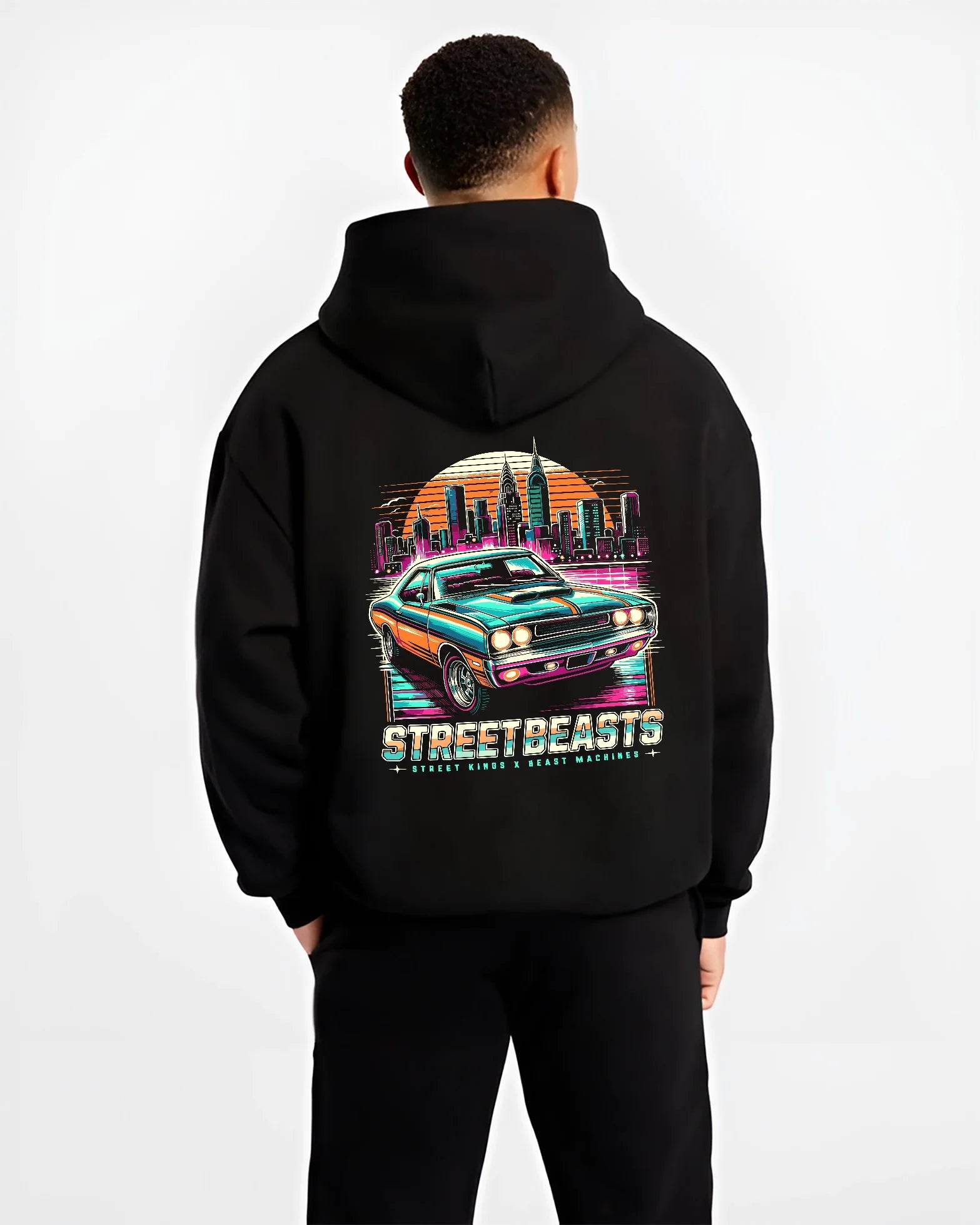 Black hoodie worn by a male model, back view, featuring racing drift muscle street retro beast performance motorsport graphic.