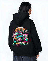 Black hoodie worn by a female model, back view, featuring racing drift muscle street retro beast performance motorsport graphic.
