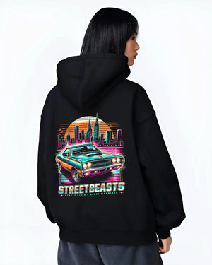 Black hoodie worn by a female model, back view, featuring racing drift muscle street retro beast performance motorsport graphic.