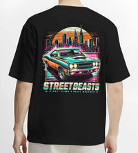 Black T-shirt worn by a male model, back view, featuring racing drift muscle street retro beast performance motorsport graphic.