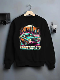 Black crewneck sweatshirt on a hanger against a grey wall, featuring racing drift muscle street retro beast performance graphic.