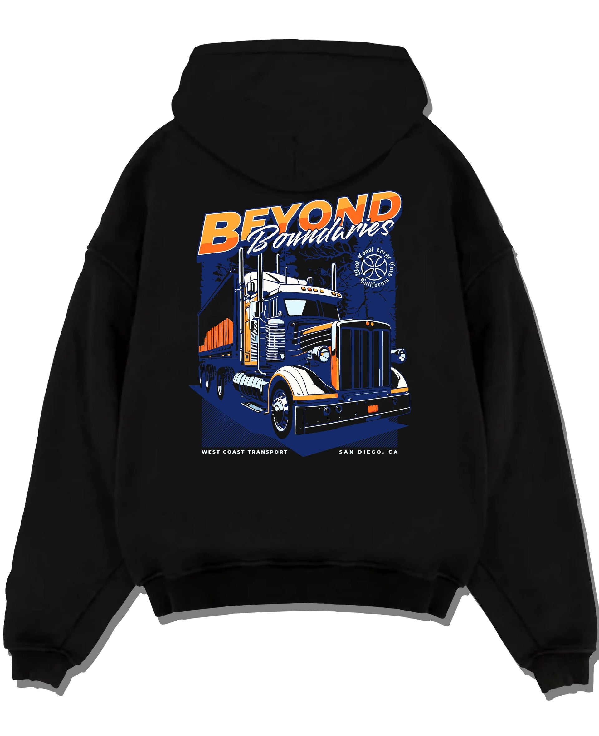 Black pullover hoodie laid flat on a white background, featuring enthusiast racing street performance motorsport automotive graphic.