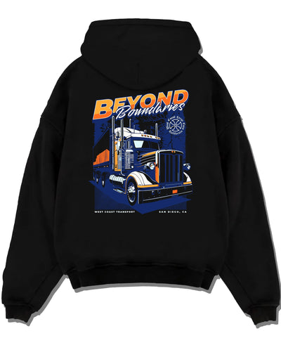 Black pullover hoodie laid flat on a white background, featuring enthusiast racing street performance motorsport automotive graphic.