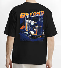 Black T-shirt worn by a male model, back view, featuring enthusiast racing street performance motorsport automotive power graphic.