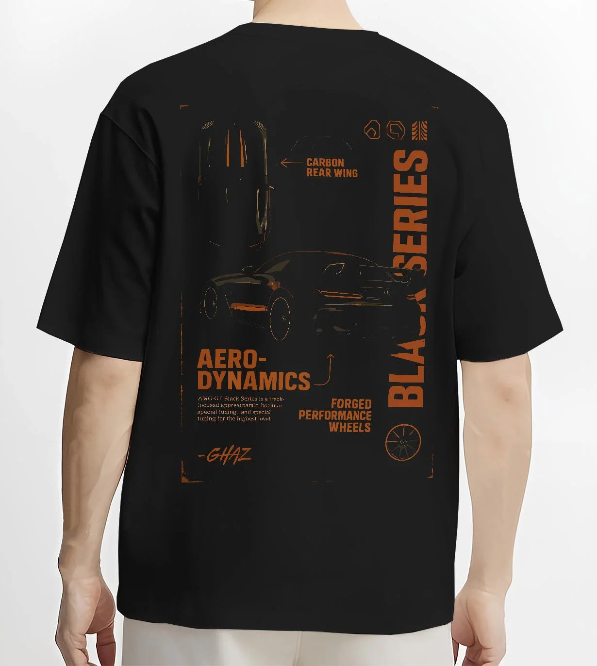 Black T-shirt worn by a male model, back view, featuring Mercedes-Benz AMG rs racing motorsport street performance blkamg.