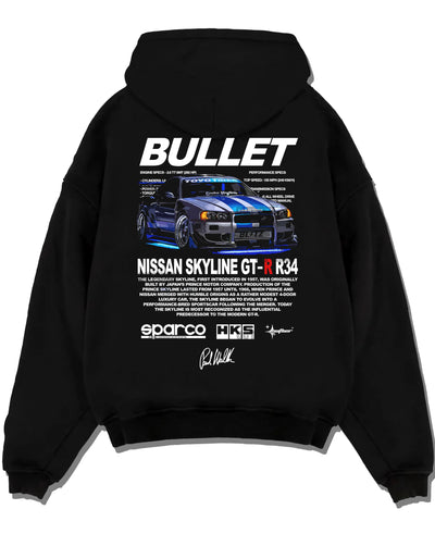 Black pullover hoodie laid flat on a white background, featuring Nissan Skyline R34 gt r r34 skyline racing drift jdm graphic.