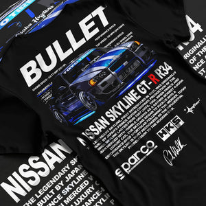 Black T-shirt laid flat with natural fabric folds, featuring Nissan Skyline R34 gt r r34 skyline racing drift jdm street graphic.
