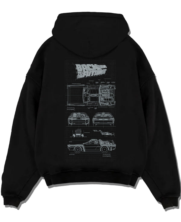 Black pullover hoodie laid flat on a white background, featuring DeLorean DMC-12 street retro racing performance motorsport graphic.