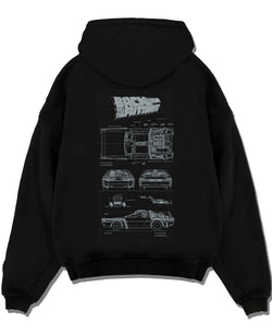 Black pullover hoodie laid flat on a white background, featuring DeLorean DMC-12 street retro racing performance motorsport graphic.