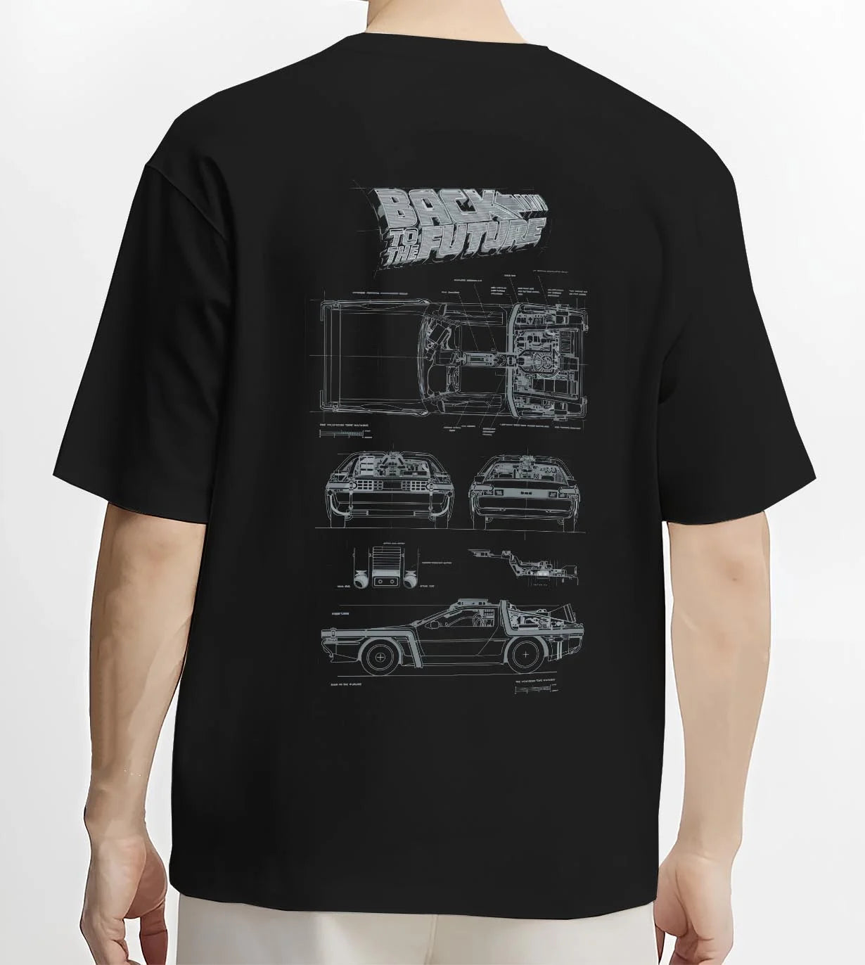 Black T-shirt worn by a male model, back view, featuring DeLorean DMC-12 street retro racing performance motorsport graphic.
