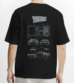 Black T-shirt worn by a male model, back view, featuring DeLorean DMC-12 street retro racing performance motorsport graphic.