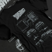 Black T-shirt laid flat with natural fabric folds, featuring DeLorean DMC-12 street retro racing performance motorsport graphic.