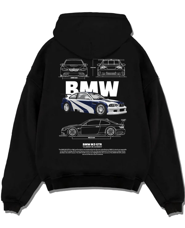 Black pullover hoodie laid flat on a white background, featuring BMW racing drift german tuner enthusiast street graphic.