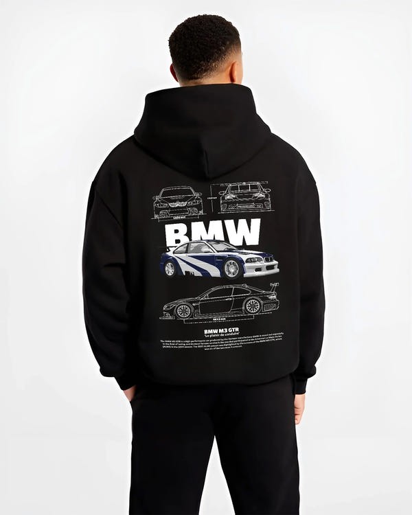 Black hoodie worn by a male model, back view, featuring BMW racing drift german tuner enthusiast street performance graphic.