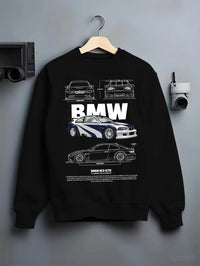 Black crewneck sweatshirt on a hanger against a grey wall, featuring BMW racing drift german tuner enthusiast street graphic.