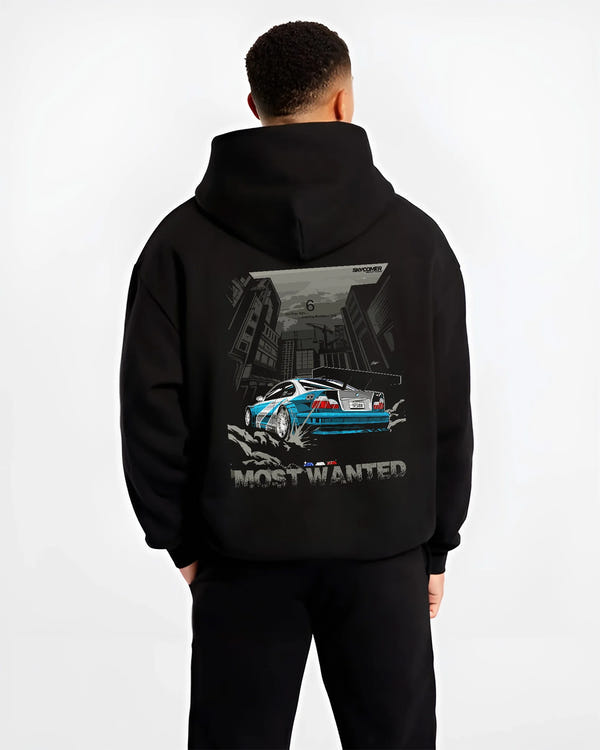 Black hoodie worn by a male model, back view, featuring BMW M3 gtr drift need for speed legend speed racing graphic.