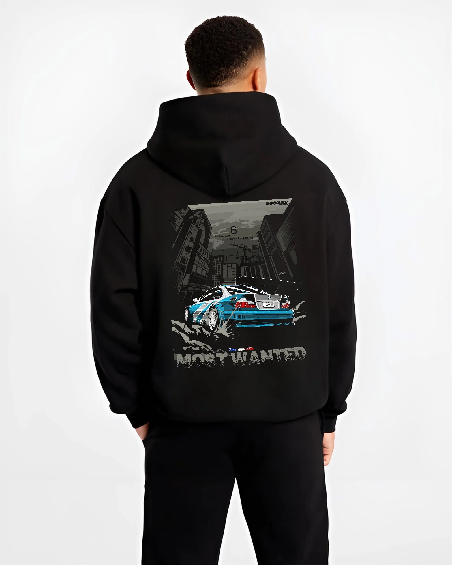 Black hoodie worn by a male model, back view, featuring BMW M3 gtr drift need for speed legend speed racing graphic.