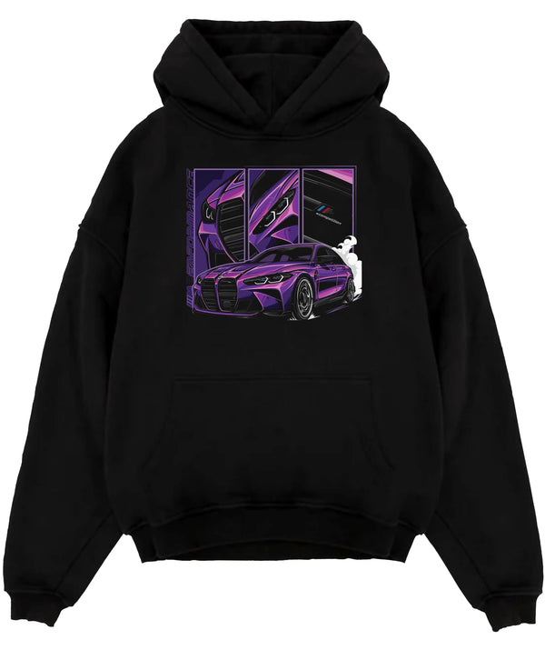 Black pullover hoodie laid flat on a white background, featuring BMW M4 turbo drift racing street performance motorsport graphic.