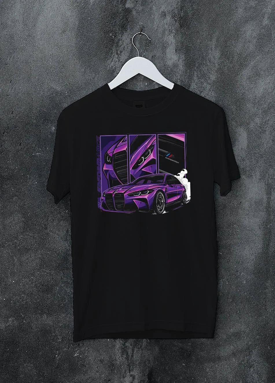 Black crewneck T-shirt on a hanger against a grey wall, featuring BMW M4 turbo drift racing street performance motorsport graphic.