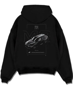 Black pullover hoodie laid flat on a white background, featuring BMW M3 street racing performance motorsport automotive graphic.