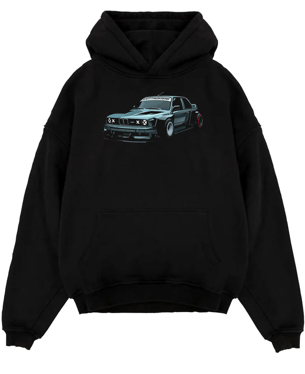 Black pullover hoodie laid flat on a white background, featuring BMW E30 rs drift jdm stance widebody racing graphic.