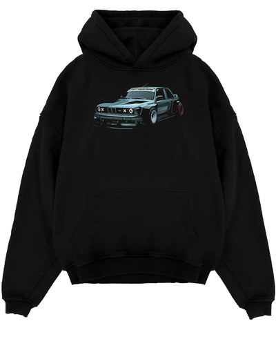 Black pullover hoodie laid flat on a white background, featuring BMW E30 rs drift jdm stance widebody racing graphic.