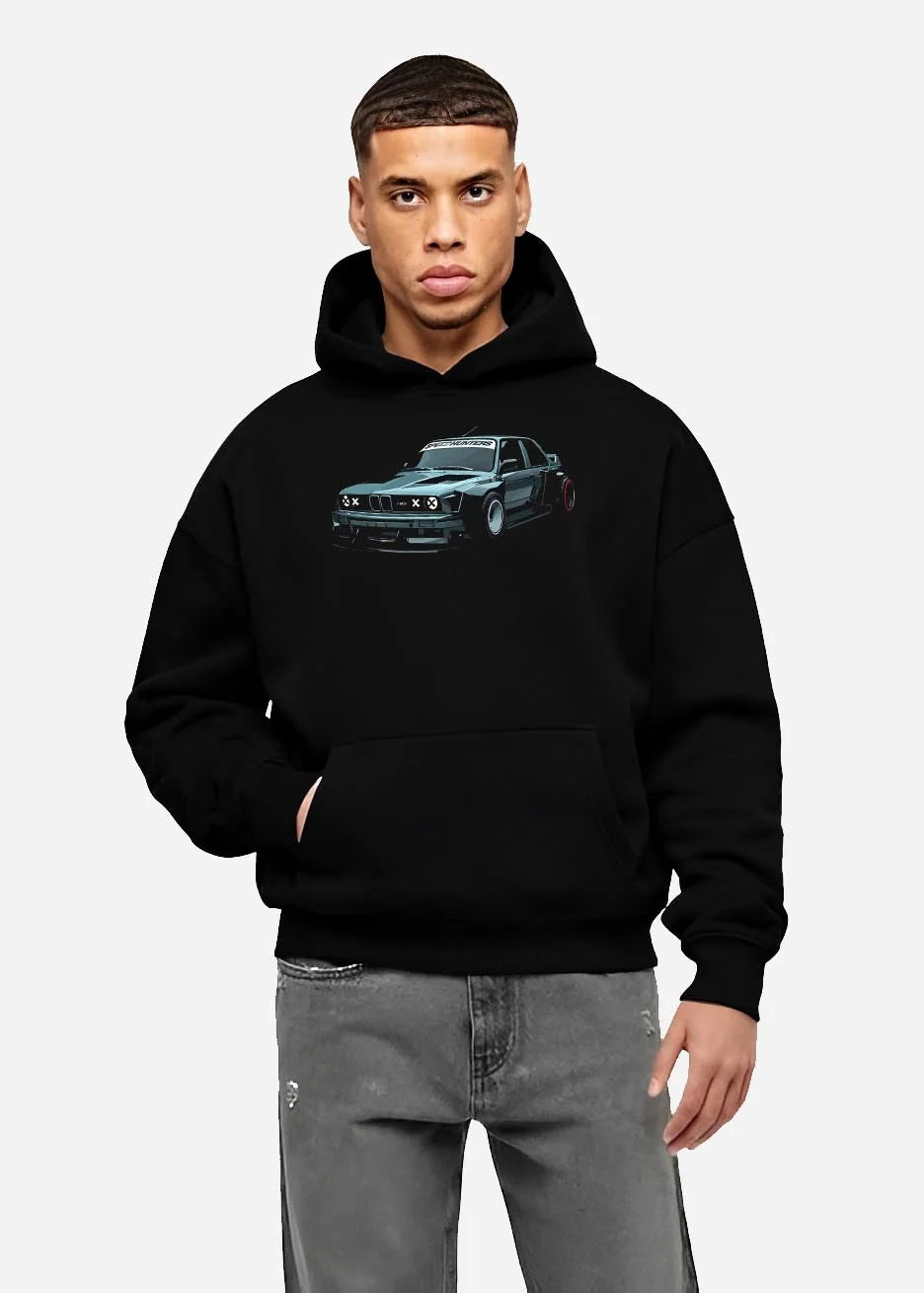 Black hoodie worn by a male model, front view, featuring BMW E30 rs drift jdm stance widebody racing graphic performance.