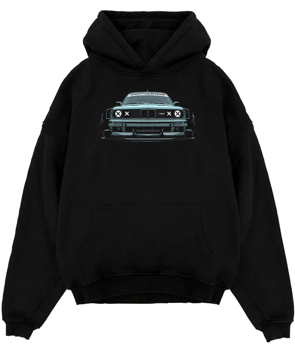 Black pullover hoodie laid flat on a white background, featuring BMW M3 rs drift classic racing street performance graphic.