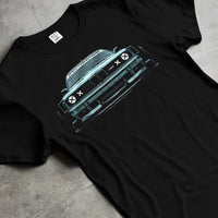 Black T-shirt laid flat with natural fabric folds, featuring BMW M3 rs drift classic racing street performance graphic.