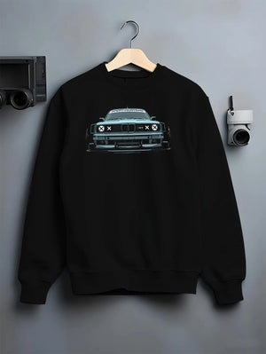Black crewneck sweatshirt on a hanger against a grey wall, featuring BMW M3 rs drift classic racing street performance graphic.