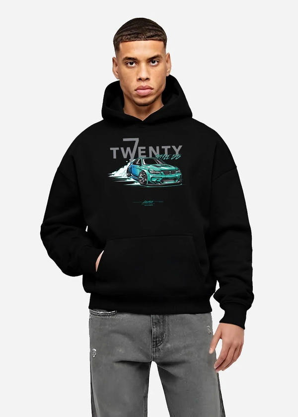 Black hoodie worn by a male model, front view, featuring BMW turbo drift racing street performance motorsport automotive graphic.