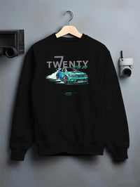 Black crewneck sweatshirt on a hanger against a grey wall, featuring BMW turbo drift racing street performance motorsport graphic.