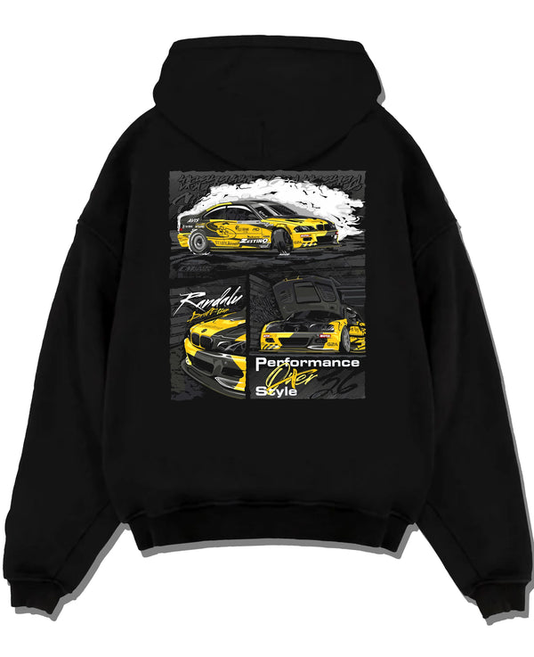 Black pullover hoodie laid flat on a white background, featuring BMW E46 rs racing drift motorsport jdm enthusiast graphic.